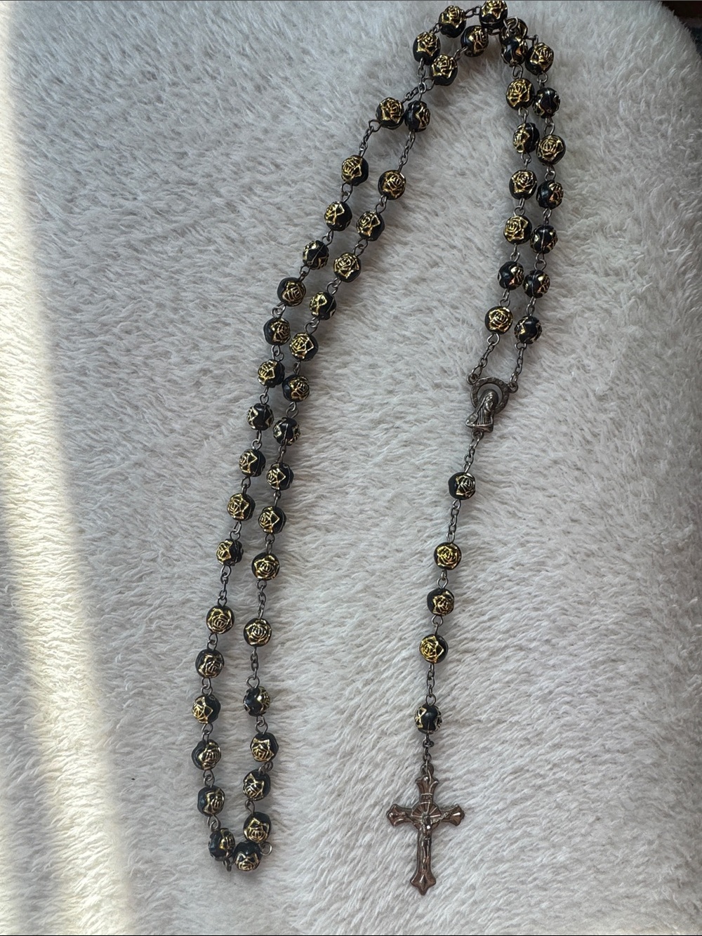 Gold and Black Rosary Necklace with Cross Pendant